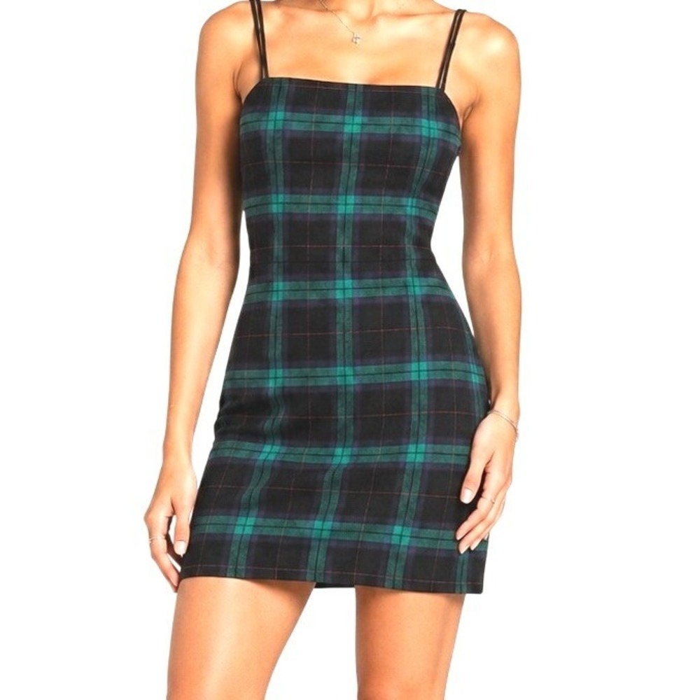 BP Women Green Blue Plaid Spaghetti Strap Mini Dress Small Y2K Inspired straight